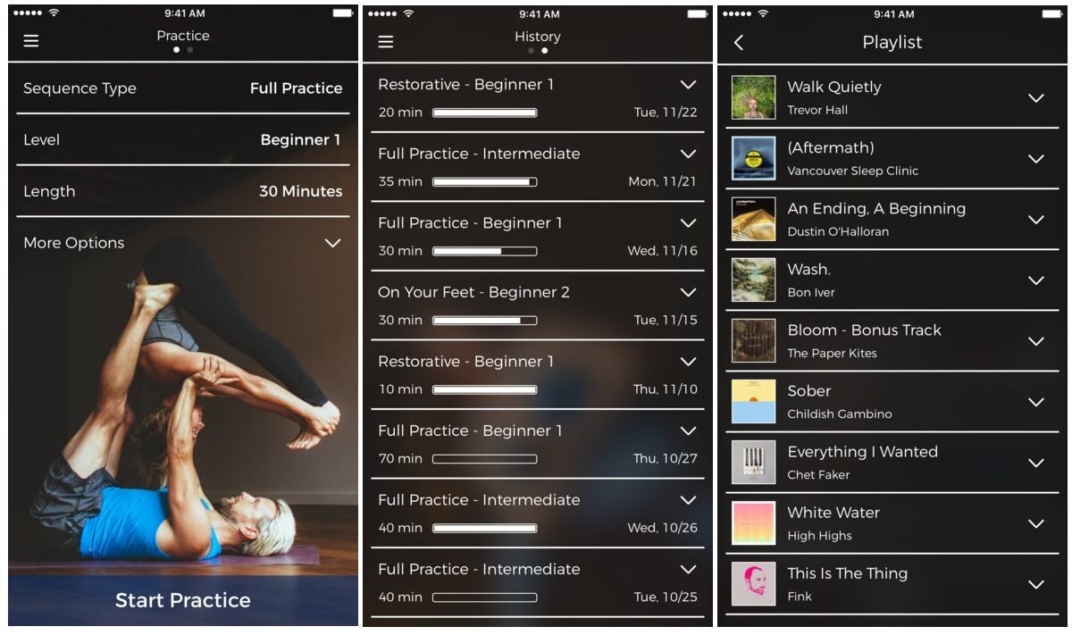 An application showing the levels of yoga expertise the user can select.