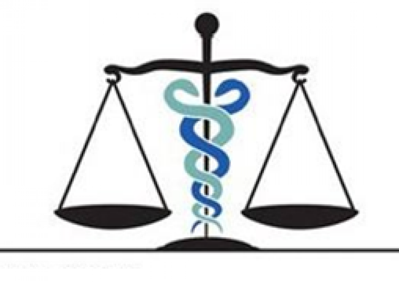 A drawing of the medical and legal symbols combined: two snakes intertwined around the scales of justice