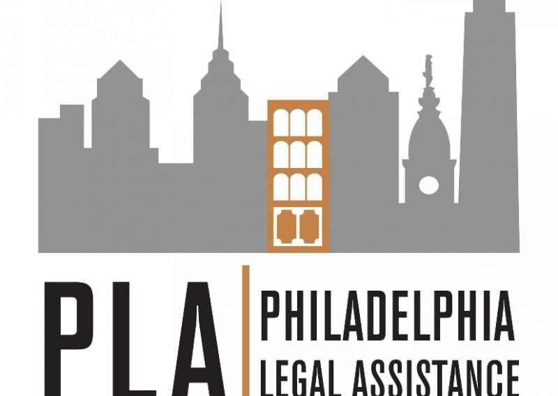 The Philadelphia Legal Assistance logo: a gray skyline with and orange door in the middle