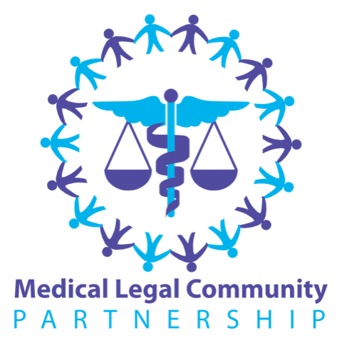 logo combining the medical and legal symbols surrounded by light blue and dark blue stick figures holding hands. Text reads: Medical Legal Community Partnership