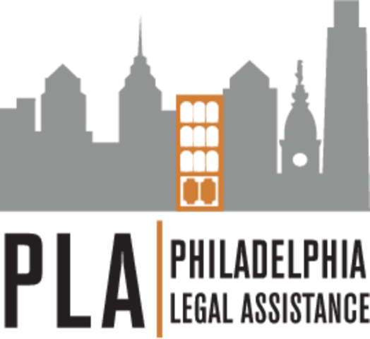 logo showing a gray silhouette Philadelphia skyline with an orange and white building in the middle . Text reads: PLA Philadelphia Legal Assistance