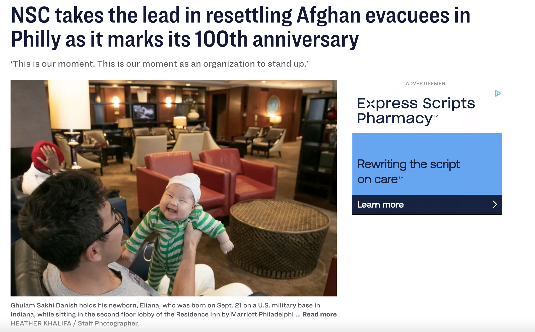 A screen shot of an article titled "NSC takes the lead in resettling Afghan evacuees in Philly as it marks its 100th anniversary"
