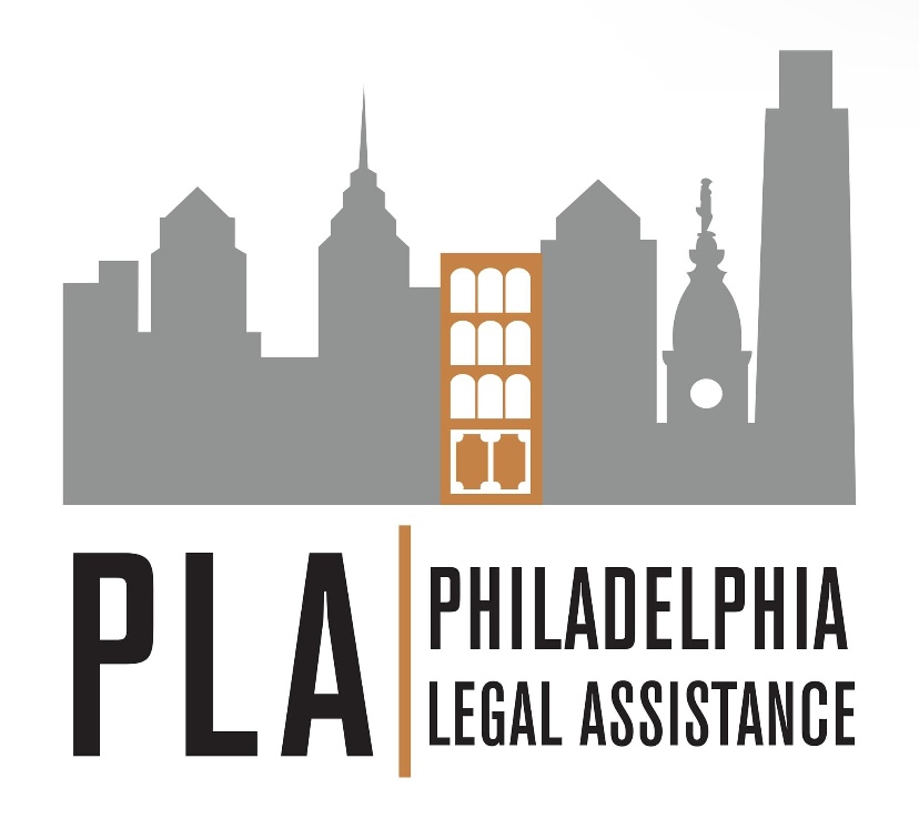 The Philadelphia Legal Assistance logo: a gray silhouette of the Philadelphia skyline with and orange door in the middle