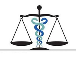 A drawing of the medical and legal symbols combined: two snakes intertwined around the scales of justice