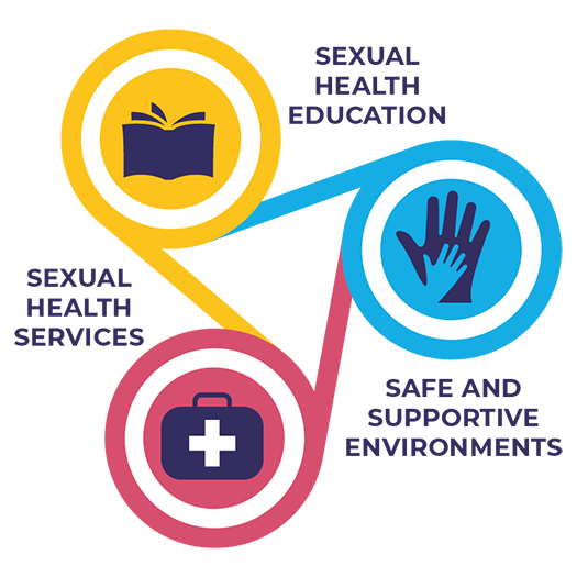 An infographic that make a triangle with a circle at each corner. Within the circles at the corners are a book with the words "sexual health education", a hand with the words "safe and supportive environments" and a first aid kit with the words "sexual health services"