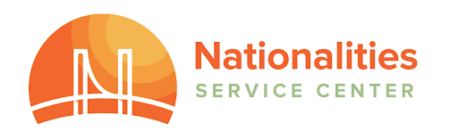 Nationalities Service Center logo - an orange circle with a white line drawing of a bridge